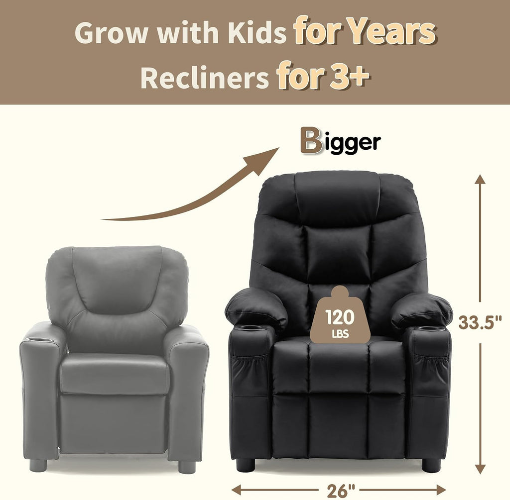 MCombo Big Kids Recliner for Ages 3+, Child Reclining Chair, Toddlers Recliner Sofa with Cup Holders (Faux Leather, Black)