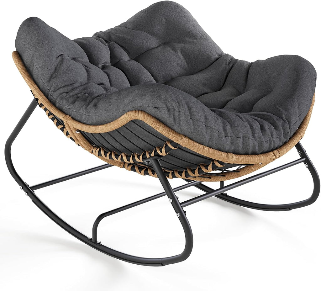 SWITTE Outdoor Rocking Chair, Oversized Patio Papasan Rocker, Comfy Wicker Reading Lounge, Indoor Bed-Like Egg Chair for Bedroom,Balcony, Porch, Garden, Dark Grey