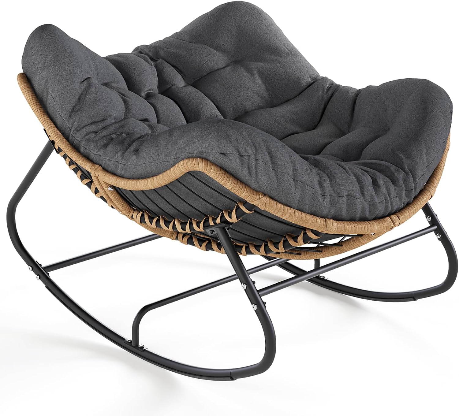 SWITTE Outdoor Rocking Chair, Oversized Patio Papasan Rocker, Comfy Wicker Reading Lounge, Indoor Bed-Like Egg Chair for Bedroom,Balcony, Porch, Garden, Dark Grey