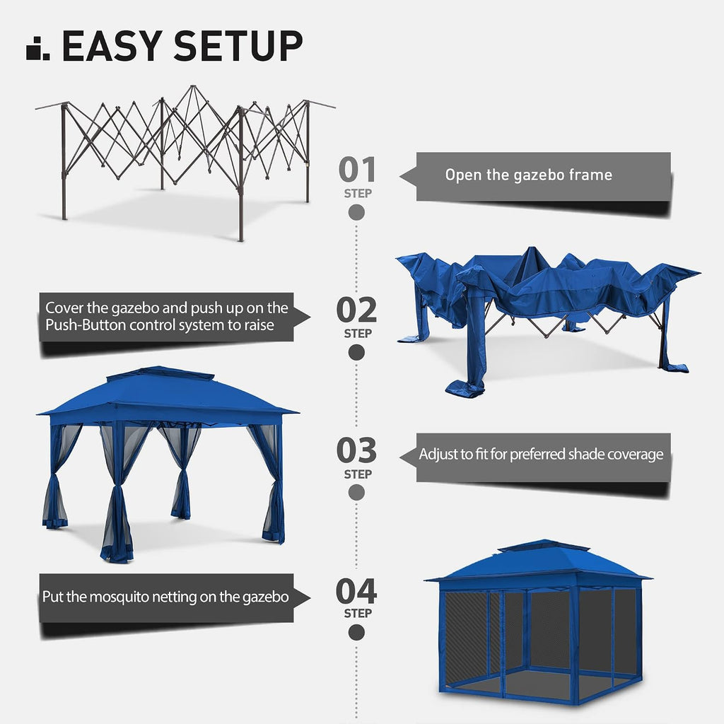 11'x11' Pop Up Gazebo for Patios Canopy Tent with Sidewalls Outdoor Gazebo with Mosquito Netting Pop Up Canopy Shelter Wedding Tent (Dark Blue)