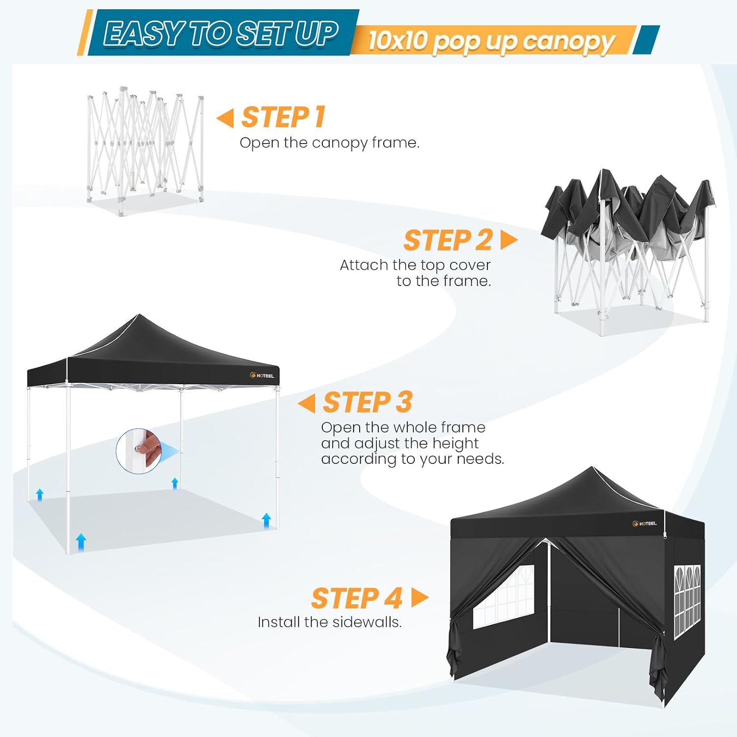 Hoteel 10x10 Pop Up Canopy Tent Heavy Duty with 4 Sidewalls, Waterproof Party Tent, Easy Set-up Commercial Instant Tents with Hand Bag & Rope & Nail, Hexagonal Leg (1-Year Warranty)