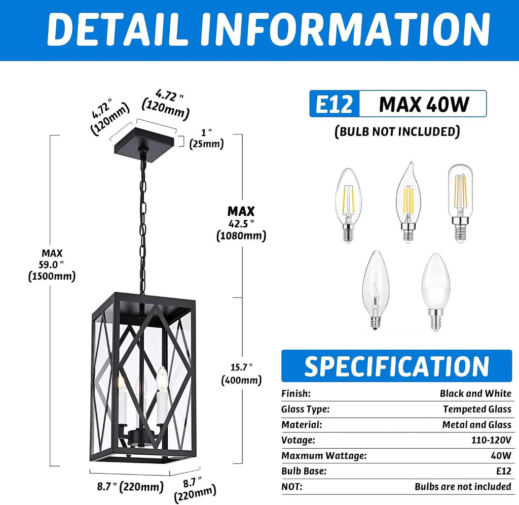 3 Light Outdoor Pendant Lights for Porch, 15.7'' Waterproof Exterior Hanging Porch Lights Ceiling Mount Outdoor Chandelier with Clear Glass for Front Porch Gazebo Patio, White Socket