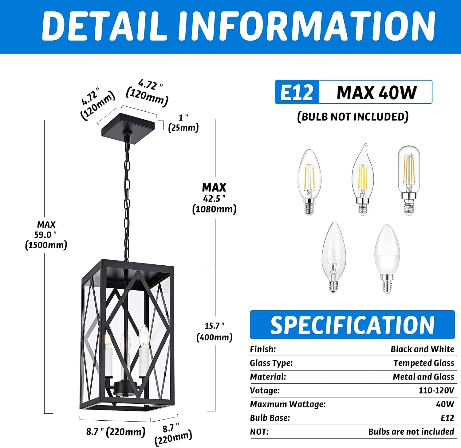 3 Light Outdoor Pendant Lights for Porch, 15.7'' Waterproof Exterior Hanging Porch Lights Ceiling Mount Outdoor Chandelier with Clear Glass for Front Porch Gazebo Patio, White Socket