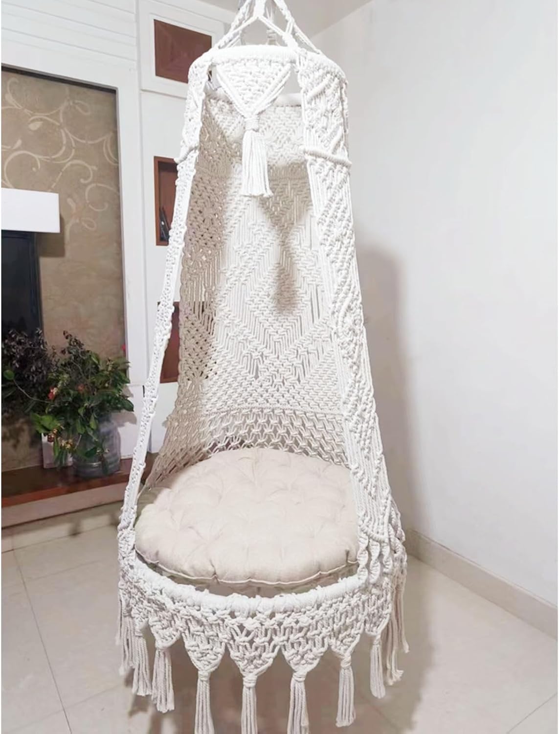 Hanging Swing Chair Indoor Adult Swing for Bedroom, White Cotton Bedroom Swing, Hanging Chair Rocking Swing Chair for Living Room, Garden, Balcony(100cm(39.37in))