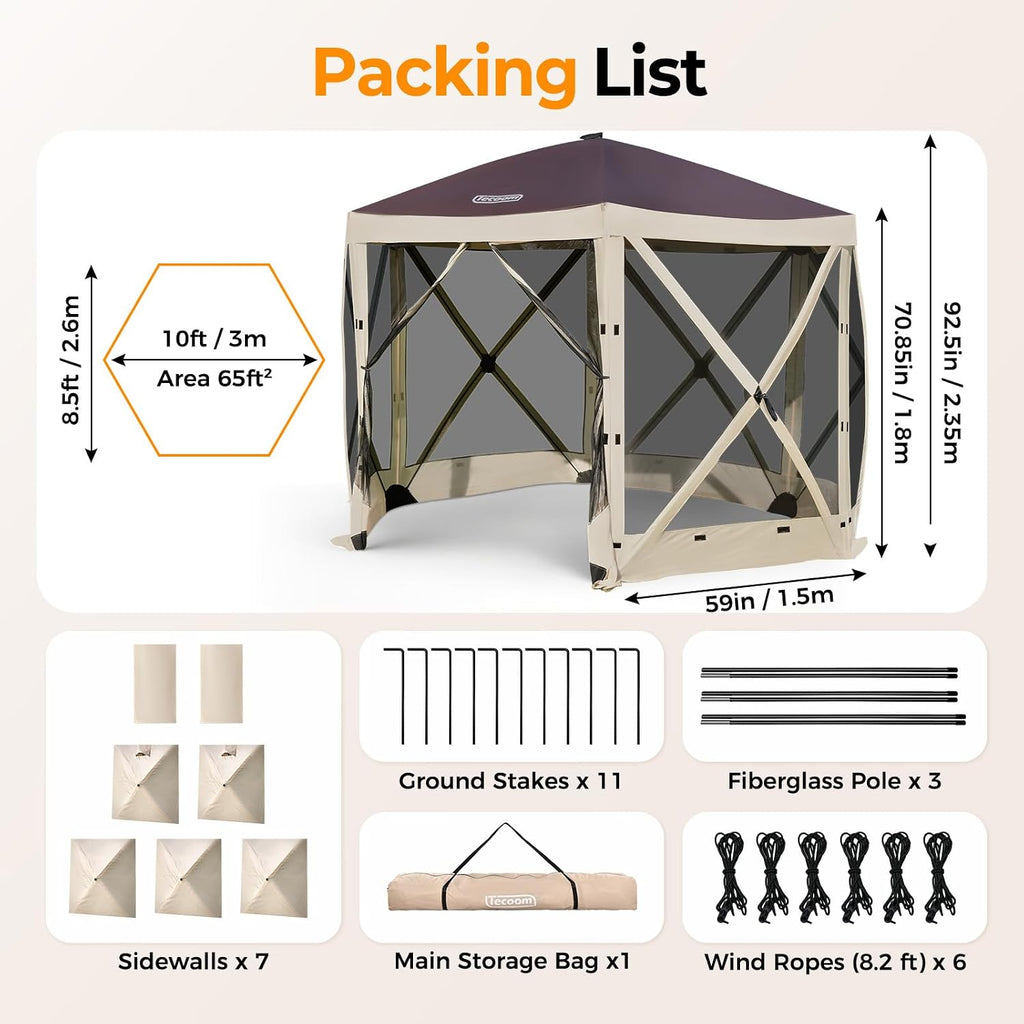 Tecoom 6 Side Pop Up Gazebo Tent, 10x10ft Waterproof Instant Screen with Mosquito Netting, Portable Outdoor Canopy with 4 Removable Wind Cloths, Sun Shelter for Camping, Garden and Picnics, Khaki