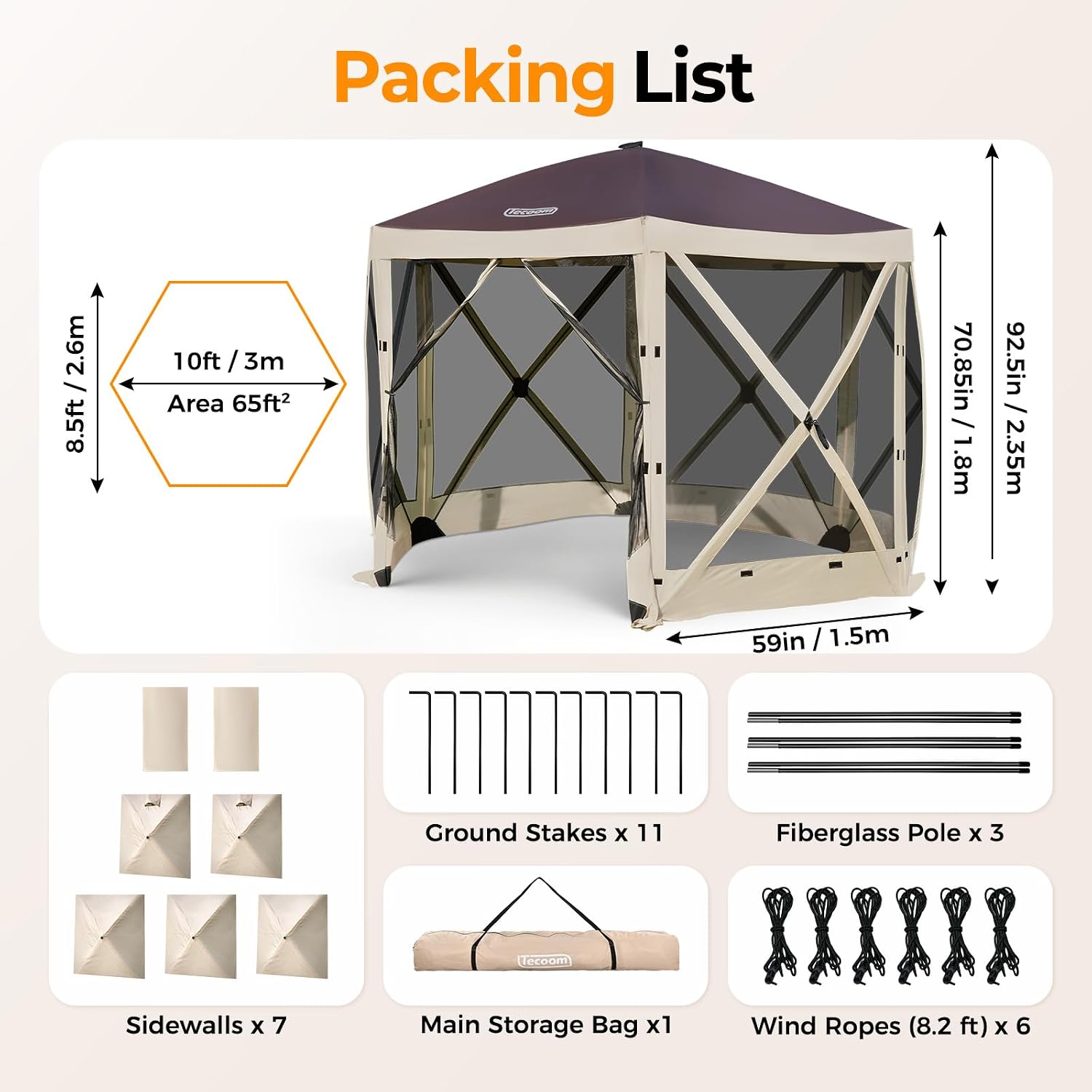 Tecoom 6-Sided Pop Up Gazebo Tent, Screen House with Mosquito Netting Canopy for Camping, 10x10ft Portable Sun Shelter Removable Siedwalls for Outdoor, Garden, Activities, Khaki