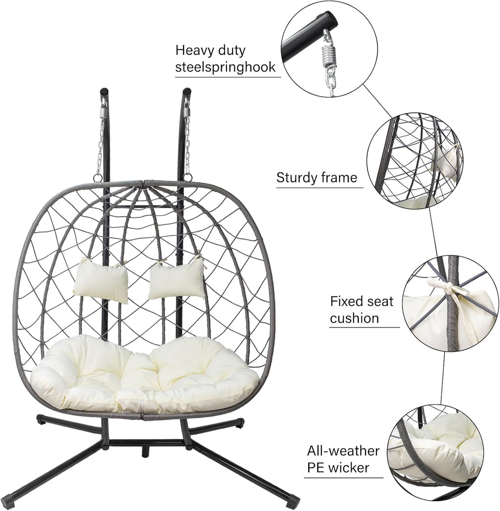 Egg Swing Chair with Stand, Outdoor Patio 2 Person Hanging Wicker Hammock Chairs with Cushion for Indoor Bedroom, Lawn, Garden