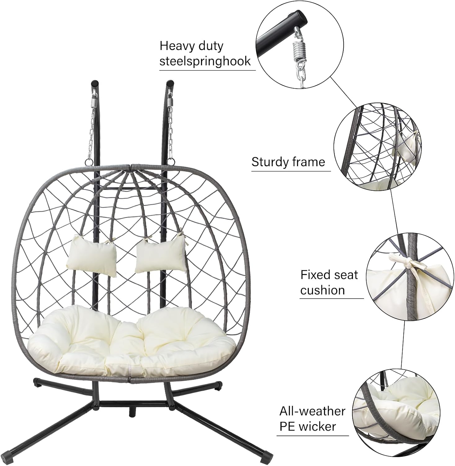 Egg Swing Chair with Stand, Outdoor Patio 2 Person Hanging Wicker Hammock Chairs with Cushion for Indoor Bedroom, Lawn, Garden
