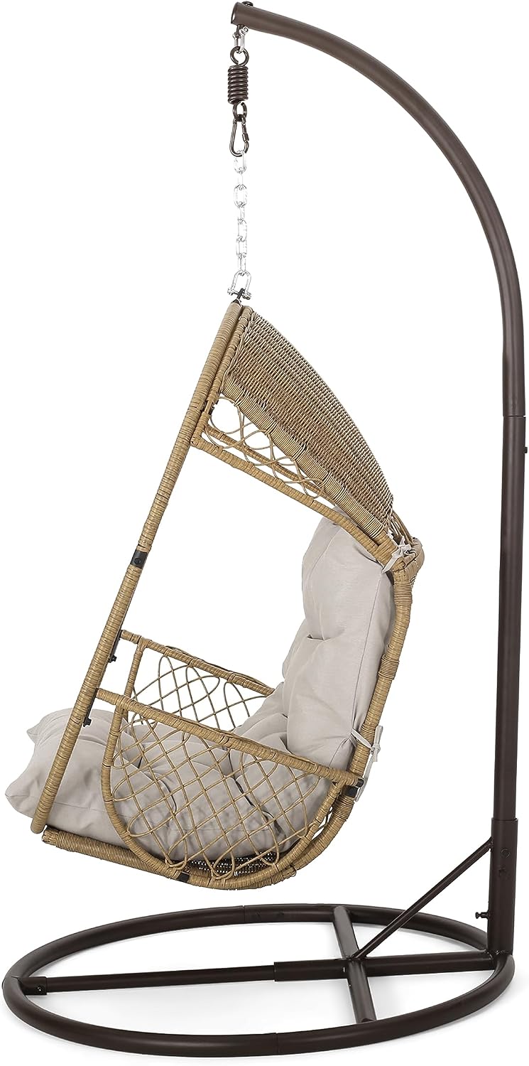 Christopher Knight Home Amanda Wicker Hanging Chair with Stand, Light Brown, Brown, Beige