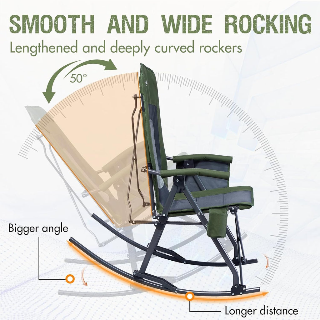 PORTAL Oversized Folding Rocking Camping Chair Portable Outdoor Rocker with High Back Hard Armrests Carry Bag, Supports 400 lbs