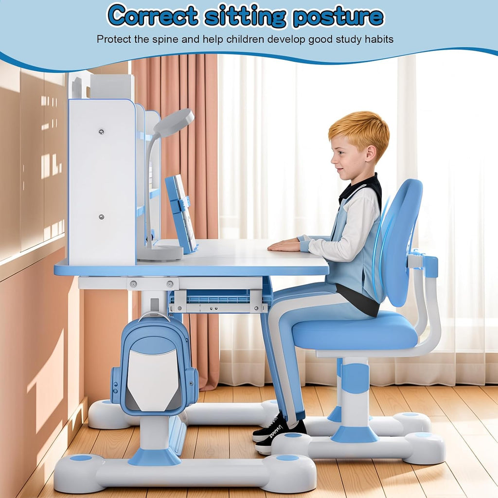 Kids Desk and Chair Set, Height Adjustable Kids Study Desk with Widened Tabletop,Tiltable Reading Stand, Spine Protect & Prevent Myopia, for Boys & Girls 3+ (Blue 2)