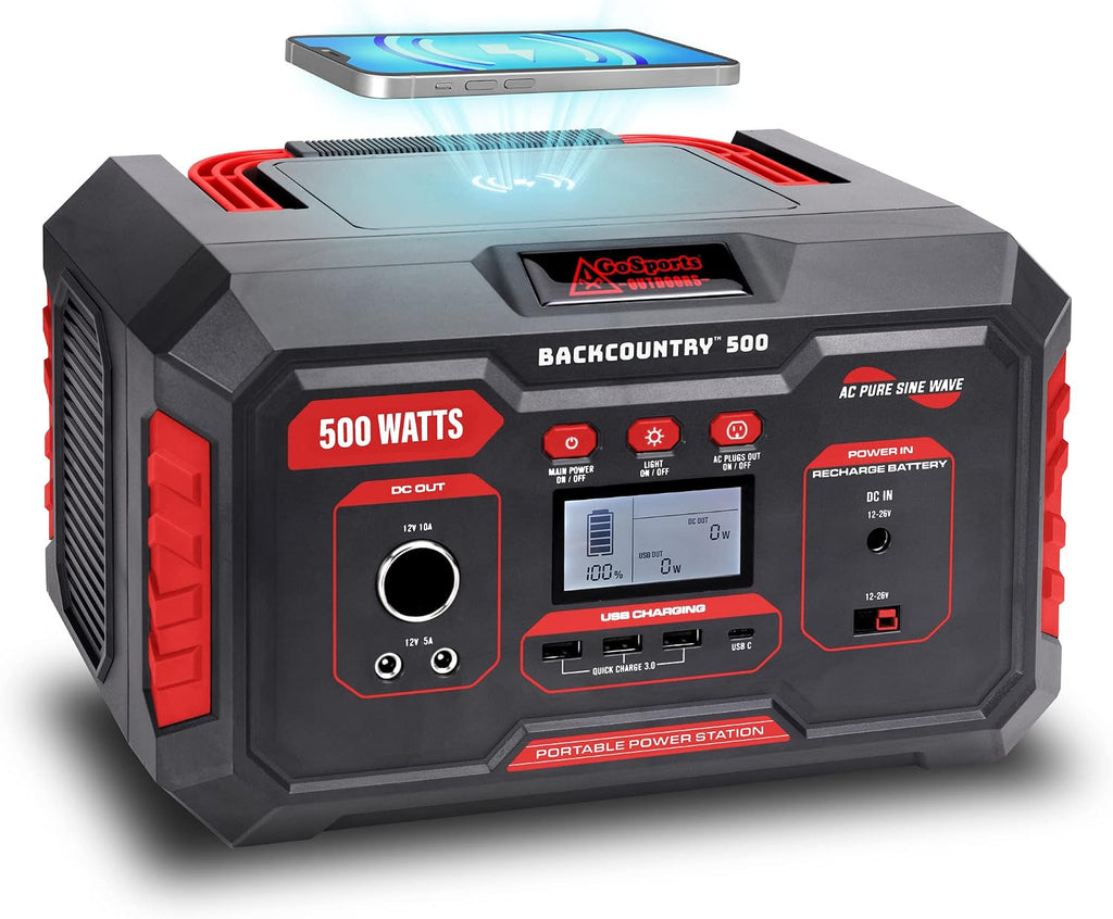 Backcountry 500W Portable Power Station - Solar Generator Lithium Backup Battery with 2 110V/500W AC Power Outlets, USB, Wireless Charging for Outdoor Camping and Indoor Home Use