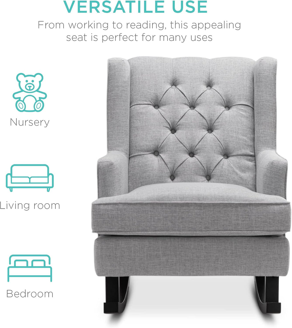 Best Choice Products Rocking Accent Chair, Tufted Upholstered Luxury Velvet Wingback for Nursery, Living Room, Bedroom w/Wood Frame - Gray