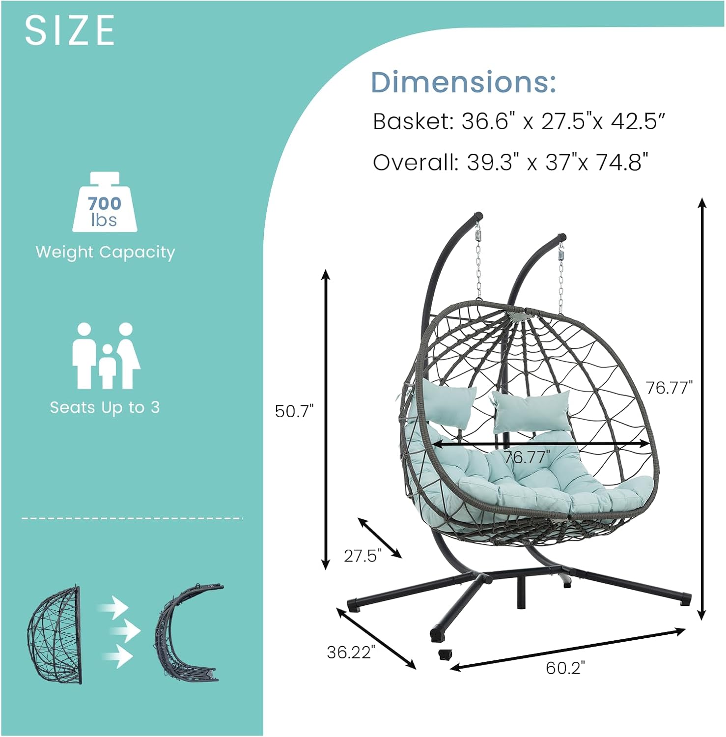 Double Egg Chair with Stand, Indoor Outdoor Loveseat Hammock Swing Chair,Wicker Chair with Foldable Basket & Thick UV-Resistant Cushions, 700 LBS Capacity for Patio, Bedroom, Garden,Cyan