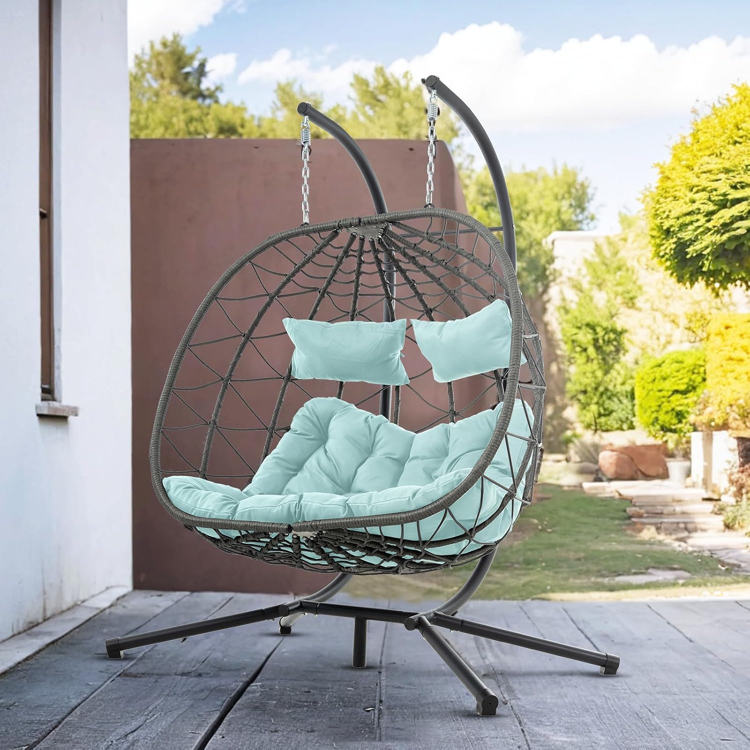 Double Egg Swing Chair with Stand, 2 Person Outdoor Indoor Hammock Hanging Chair with Cushion,Patio Wicker Hanging Egg Chair w/Cushion 700LBS Capacity for Bedroom, Balcony, Garden