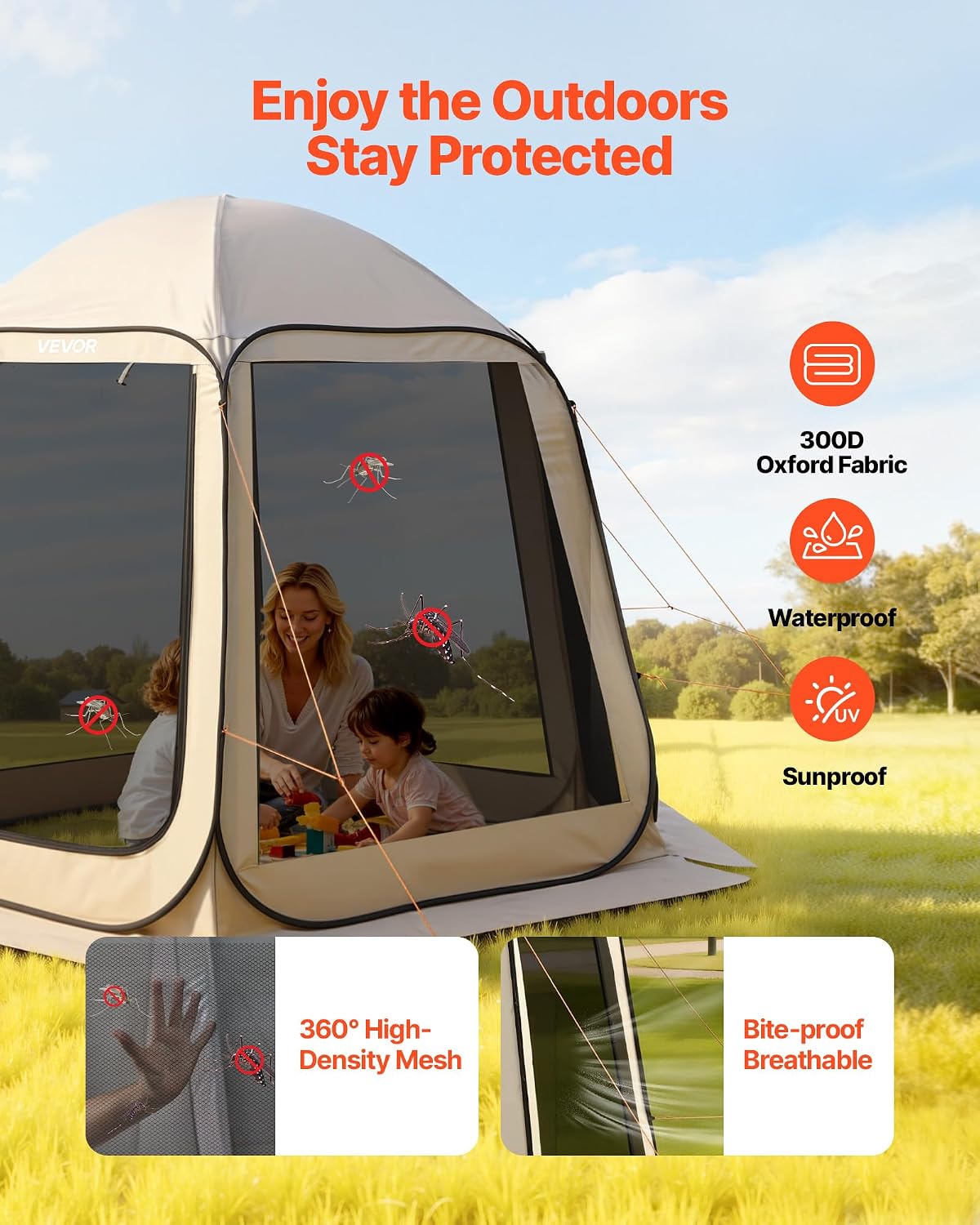VEVOR Pop up Screen House Tent, 10 x 9.2 ft, 4-8 Person Screen Gazebo, Portable Screened in Canopy with Carry Bag, Netting Sides, Ground Stakes, for Garden, Patio, Backyard, Outdoor Activities, Beige