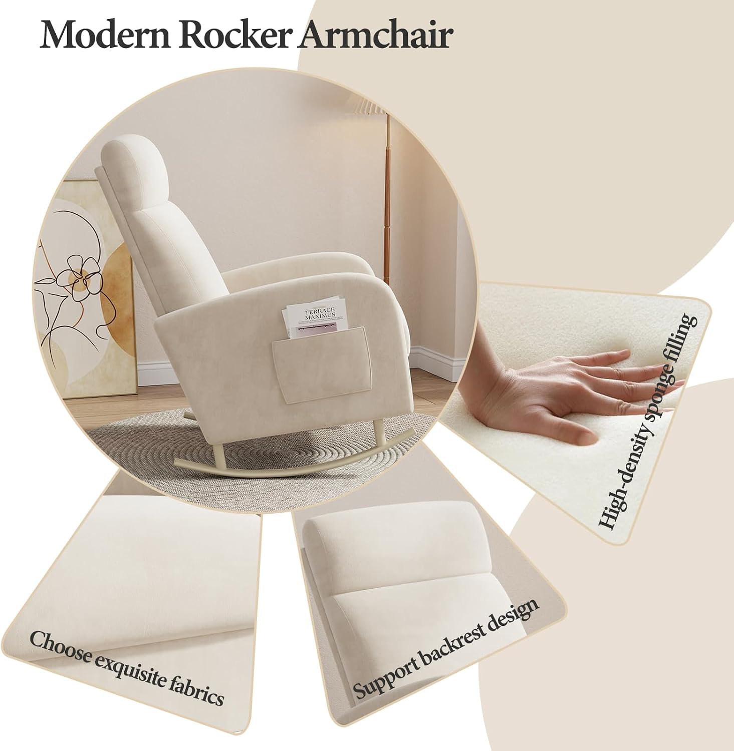 HIPIHOM Rocking Chair Nursery, Upholstered Glider Chair with Side Pocket, Modern Nursery Chair with High Backrest and Rubber Metail Legs, Accent Armchair for Living Room Bedroom Indoor (Beige Velvet)