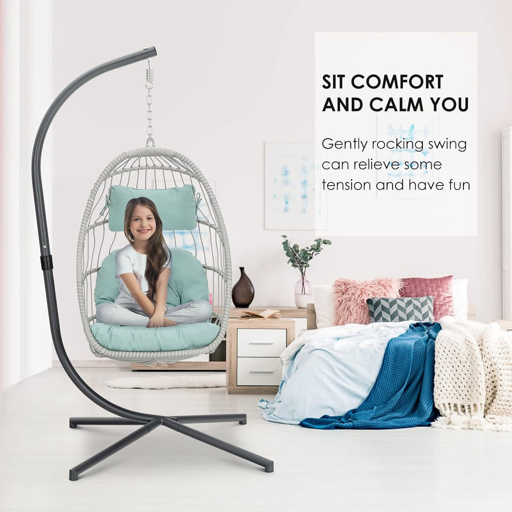 Brafab Egg Chair with Stand Indoor Outdoor Swing Egg Chair, Patio Wicker Hanging Chair with Stand Hammock Egg Chairs with UV Resistant Cushion and Aluminum Frame for Bedroom Balcony Garden Light Blue