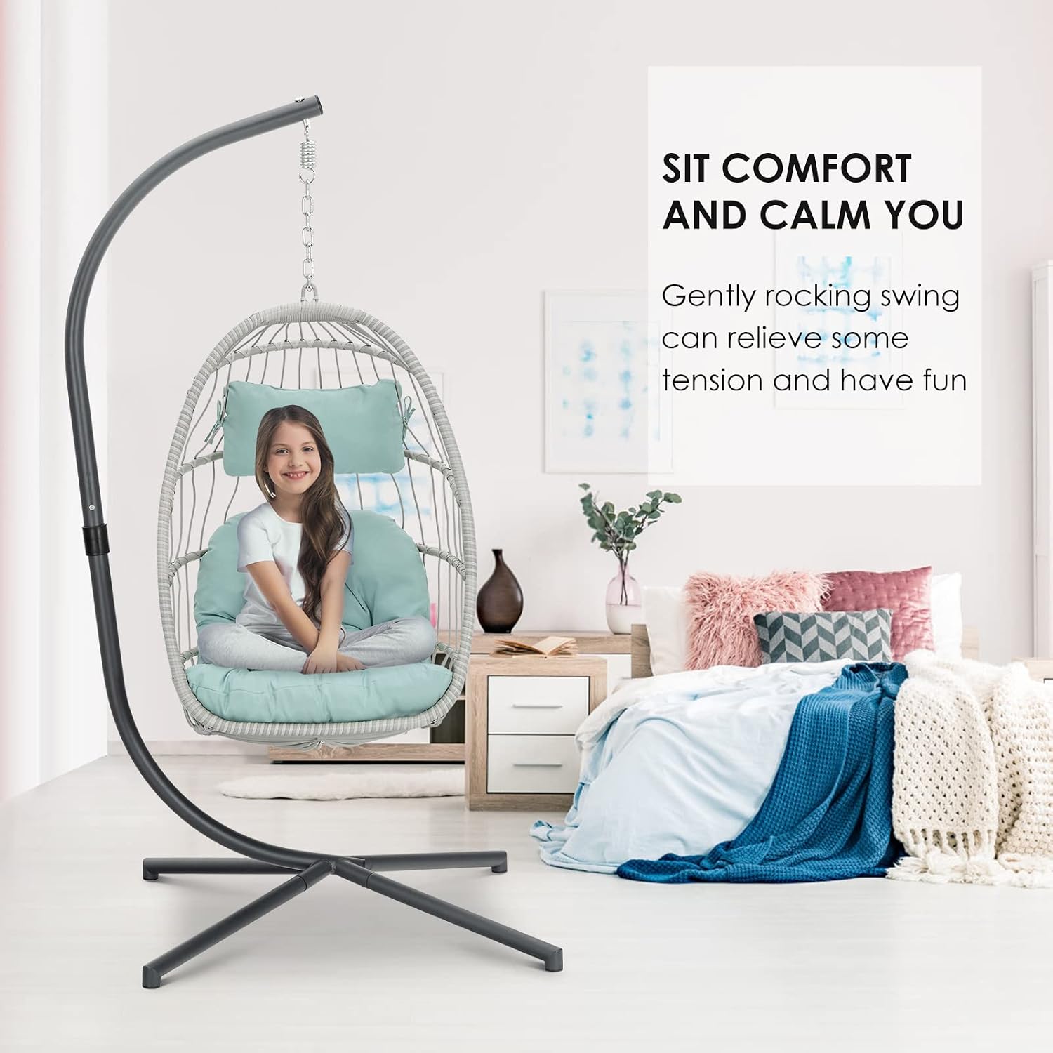 Brafab Egg Chair with Stand Indoor Outdoor Swing Egg Chair, Patio Wicker Hanging Chair with Stand Hammock Egg Chairs with UV Resistant Cushion and Aluminum Frame for Bedroom Balcony Garden Light Blue