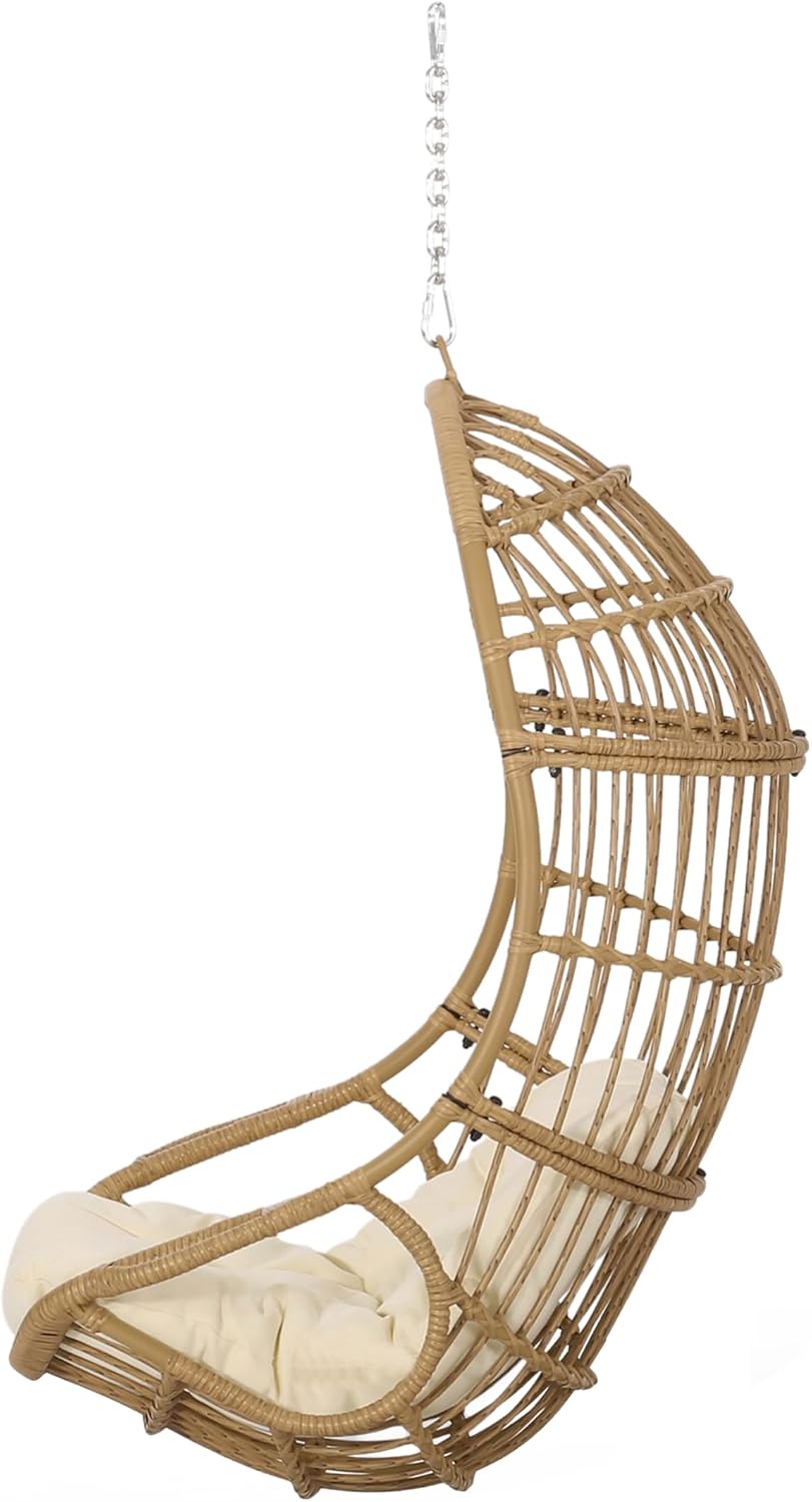 Christopher Knight Home Mariah Wicker Hanging Chair with Cushion, Outdoor Indoor Basket Chair, Boho Garden Lounger Porch Swing Furniture, Modern Patio Decor, Light Brown and Beige