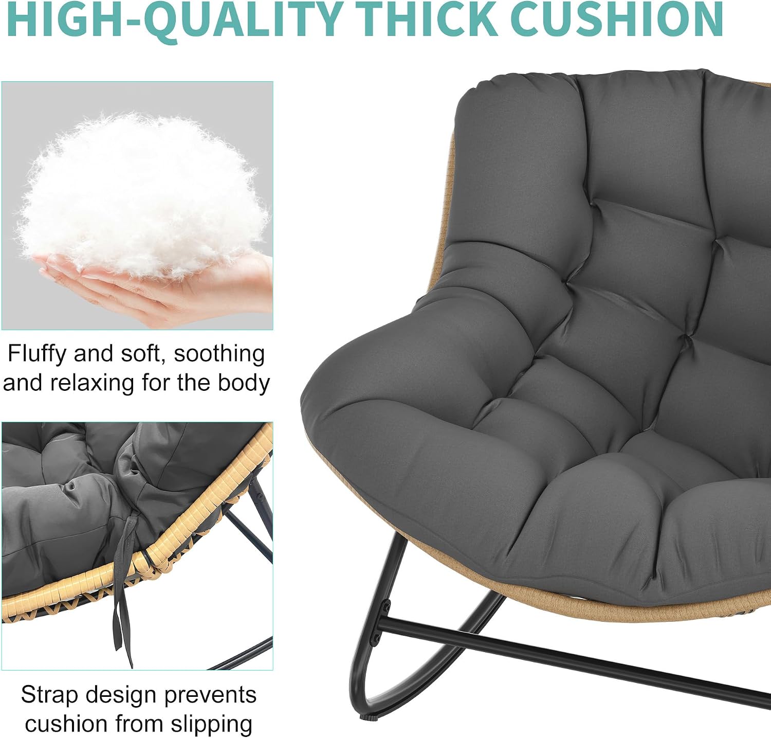 Fancyango Oversized Egg Rocking Chair for Indoor/Outdoor – All-Weather Wicker Rattan Lounge Chair with Cushion, Patio Rocker for Porch, Garden, or Balcony (Dark Grey1, 37.8' D x 36.6' W x 33' H)