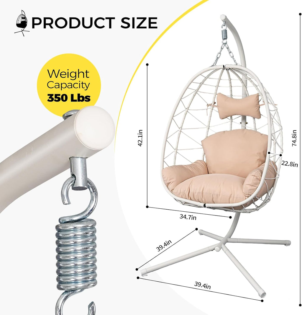 Egg Chair with Stand, Wicker Hanging Chair for Outdoor Patio, Cushioned Hammock Swing for Bedroom Garden Indoor/Outdoor, Double-Zipper Structure Hanging Egg Chair (White and Beige)