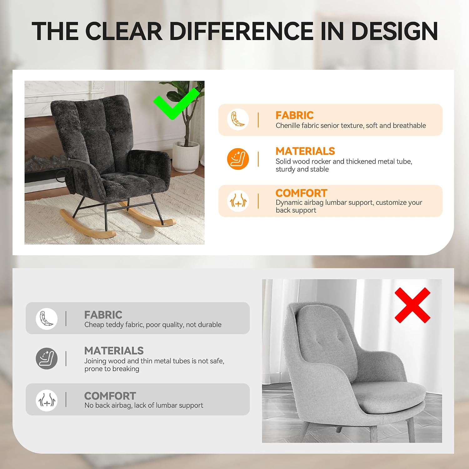 Rocking Chair with Airbag, Comfy Modern Reading & Nursing Nursery Rocking Chair indoor, Cozy Upholstered Glider Rocker Chairs with High Backrest for Living Room Bedroom Offices(Chenille, Black)