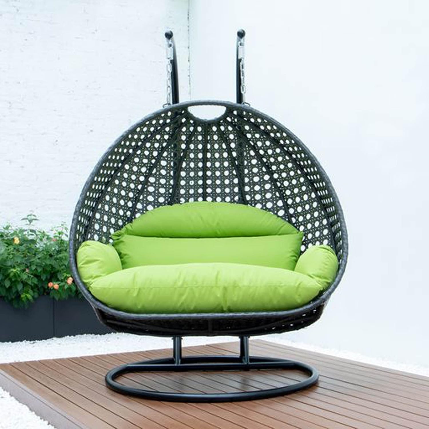 LeisureMod 2 Person Wicker Hanging Egg Chair, Indoor Outdoor Patio Swing with Black Stand & UV-Resistant Cushions, Lounge Chair for Bedroom & Garden, Light Green
