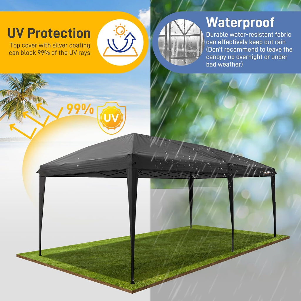 VINGLI 10'x20' Pop Up Canopy Tent with Carry Bag, Portable Instant Party Tent Waterproof Outdoor Canopy for Outdoor Events, Party, Wedding (Black)
