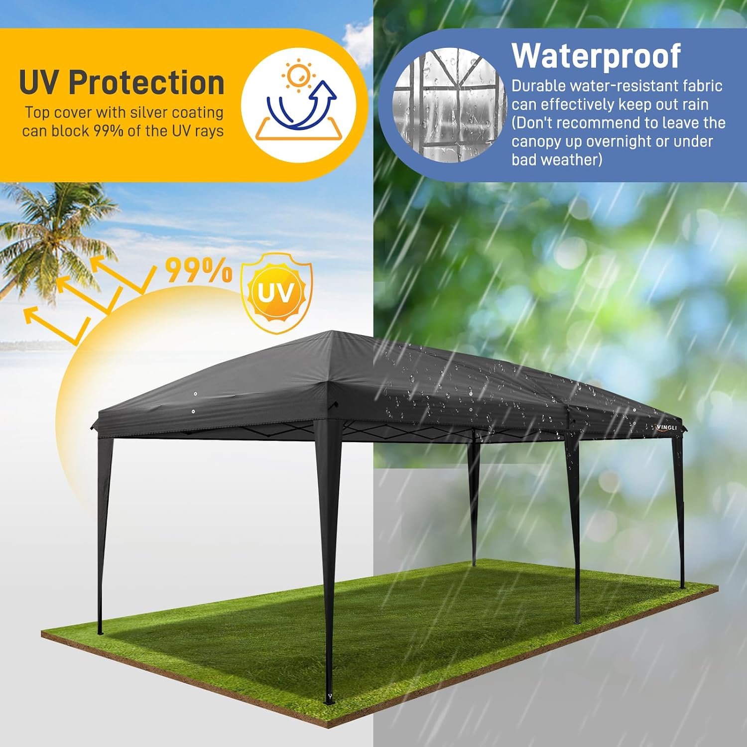 VINGLI 10'x20' Pop Up Canopy Tent with Carry Bag, Portable Instant Party Tent Waterproof Outdoor Canopy for Outdoor Events, Party, Wedding (Black)