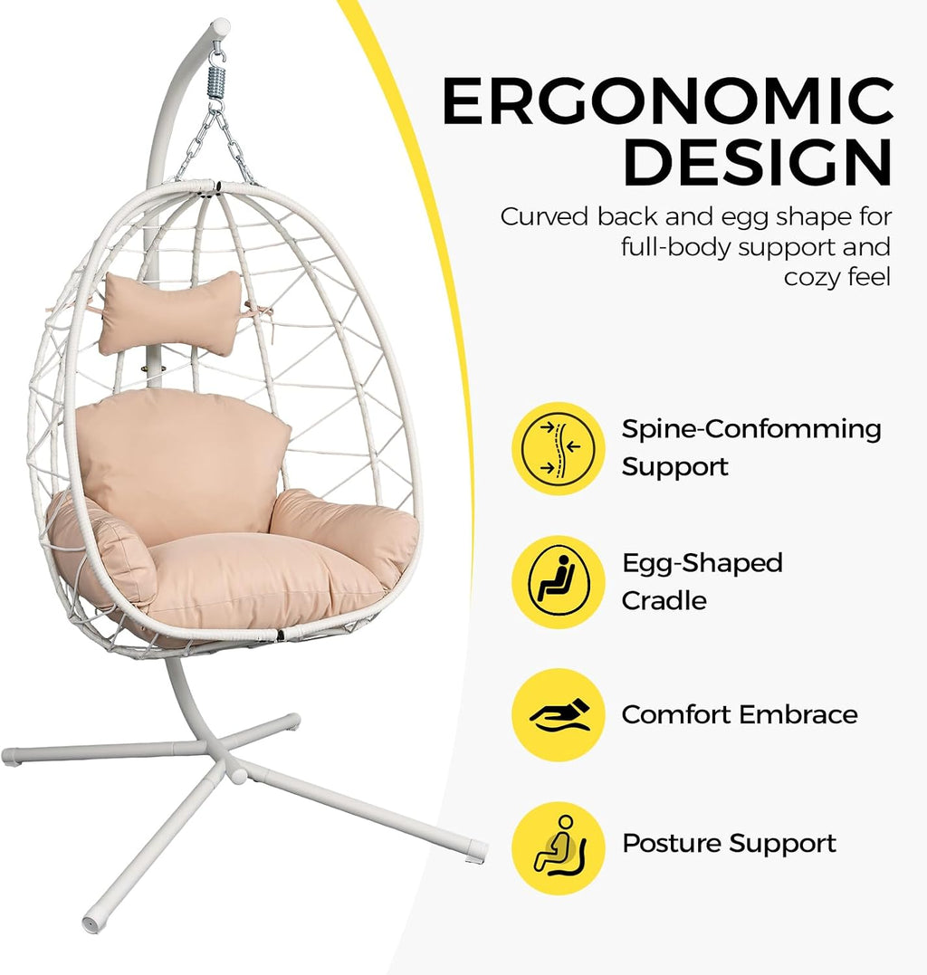Egg Chair with Stand, Wicker Hanging Chair for Outdoor Patio, Cushioned Hammock Swing for Bedroom Garden Indoor/Outdoor, Double-Zipper Structure Hanging Egg Chair (White and Beige)