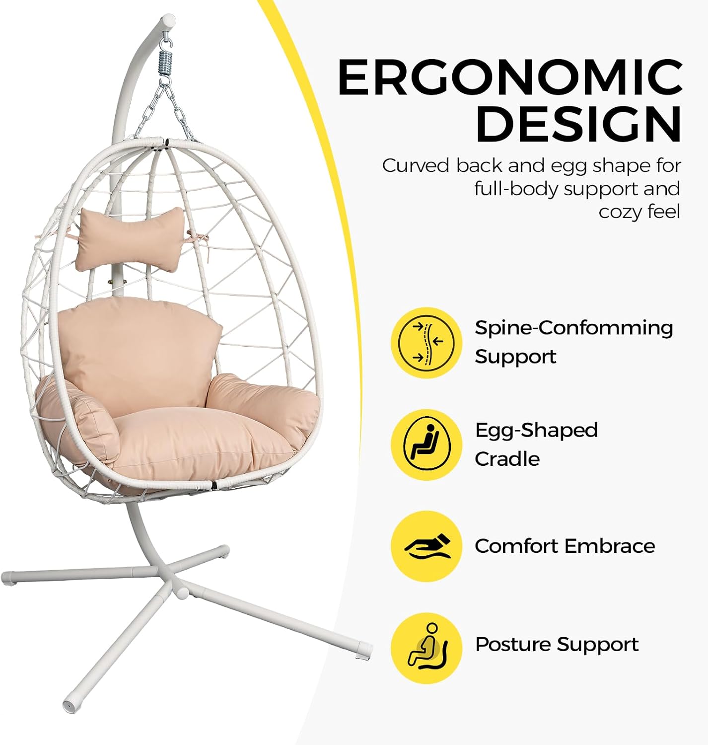 Egg Chair with Stand, Wicker Hanging Chair for Outdoor Patio, Cushioned Hammock Swing for Bedroom Garden Indoor/Outdoor, Double-Zipper Structure Hanging Egg Chair (White and Beige)