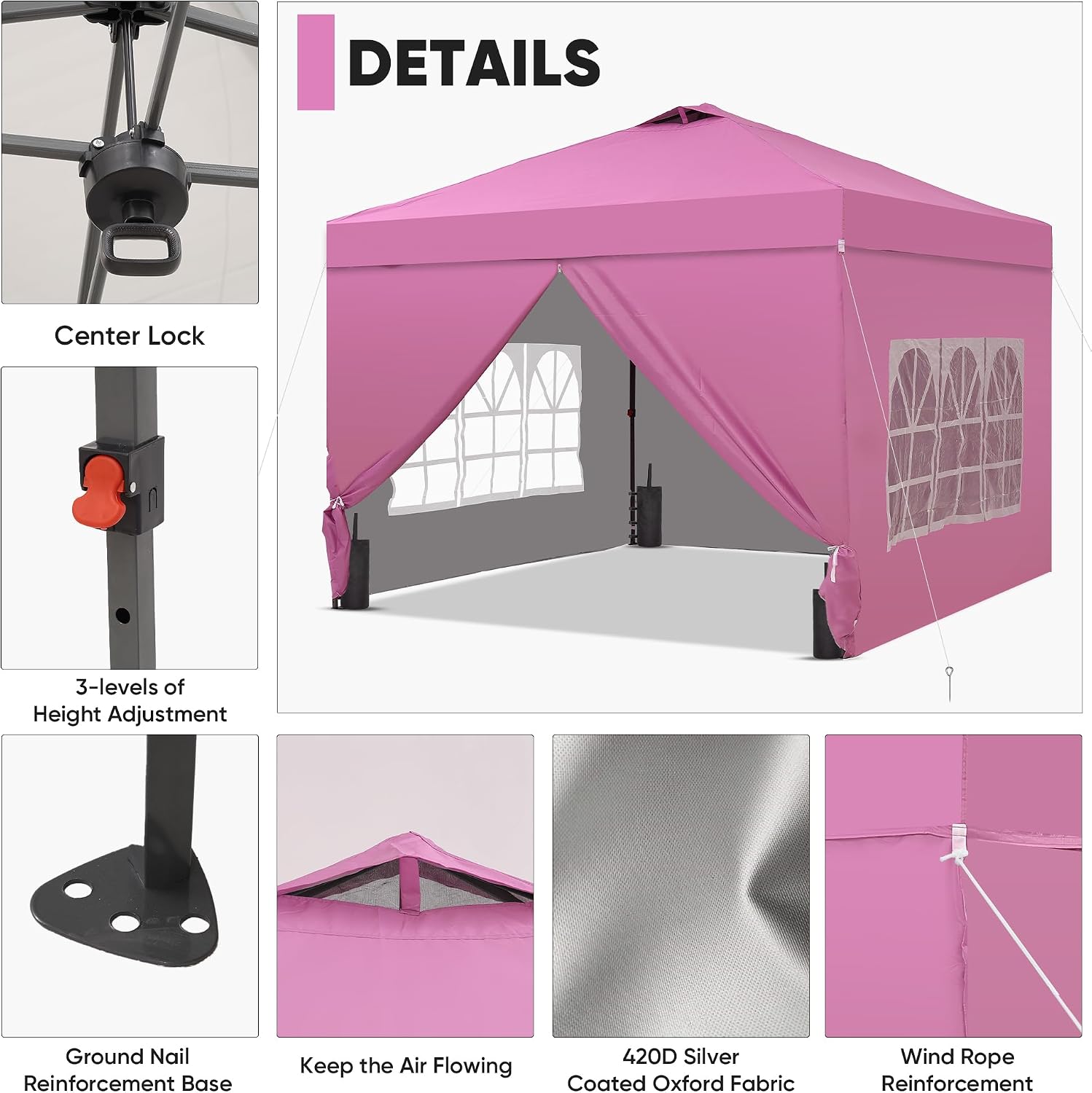 GDY 10x10 Pop Up Canopy Tent with 4 Sidewalls, Easy Set up with One Push Lift Outdoor Silver Coated Beach Gazebos, Carpas with 4 Sandbags, for Outdoor, Parties,Camping, Light Pink.