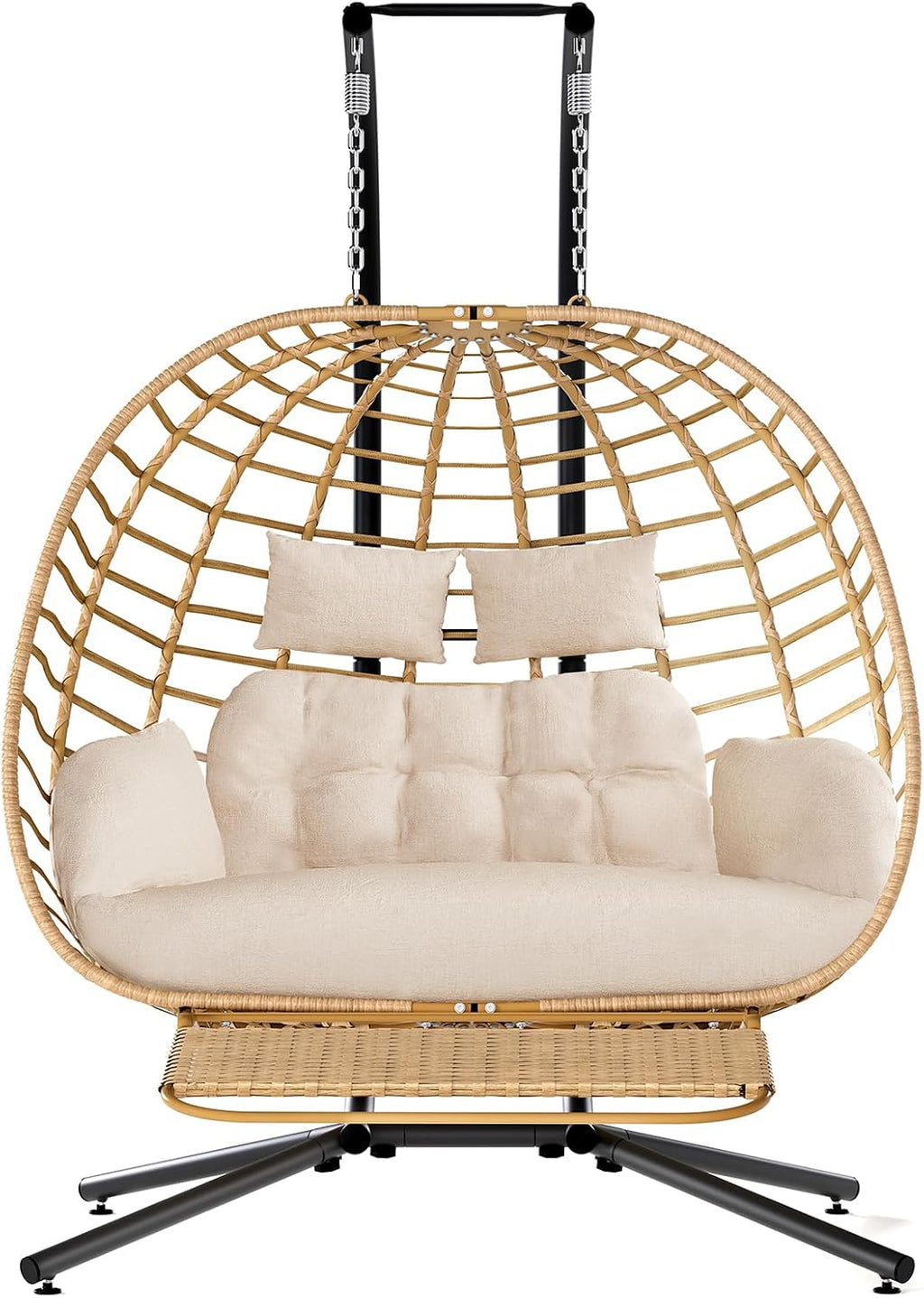 SWITTE Double Hanging Egg Chair with Stand & Footrest, Outdoor Patio 2 Person Wicker Hammock Swing Chairs with Cushion for Indoor Bedroom, Lawn, Garden-Natural