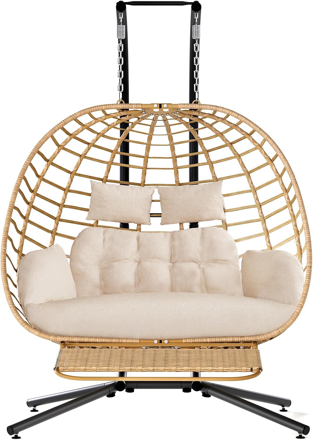 SWITTE Double Hanging Egg Chair with Stand & Footrest, Outdoor Patio 2 Person Wicker Hammock Swing Chairs with Cushion for Indoor Bedroom, Lawn, Garden-Natural