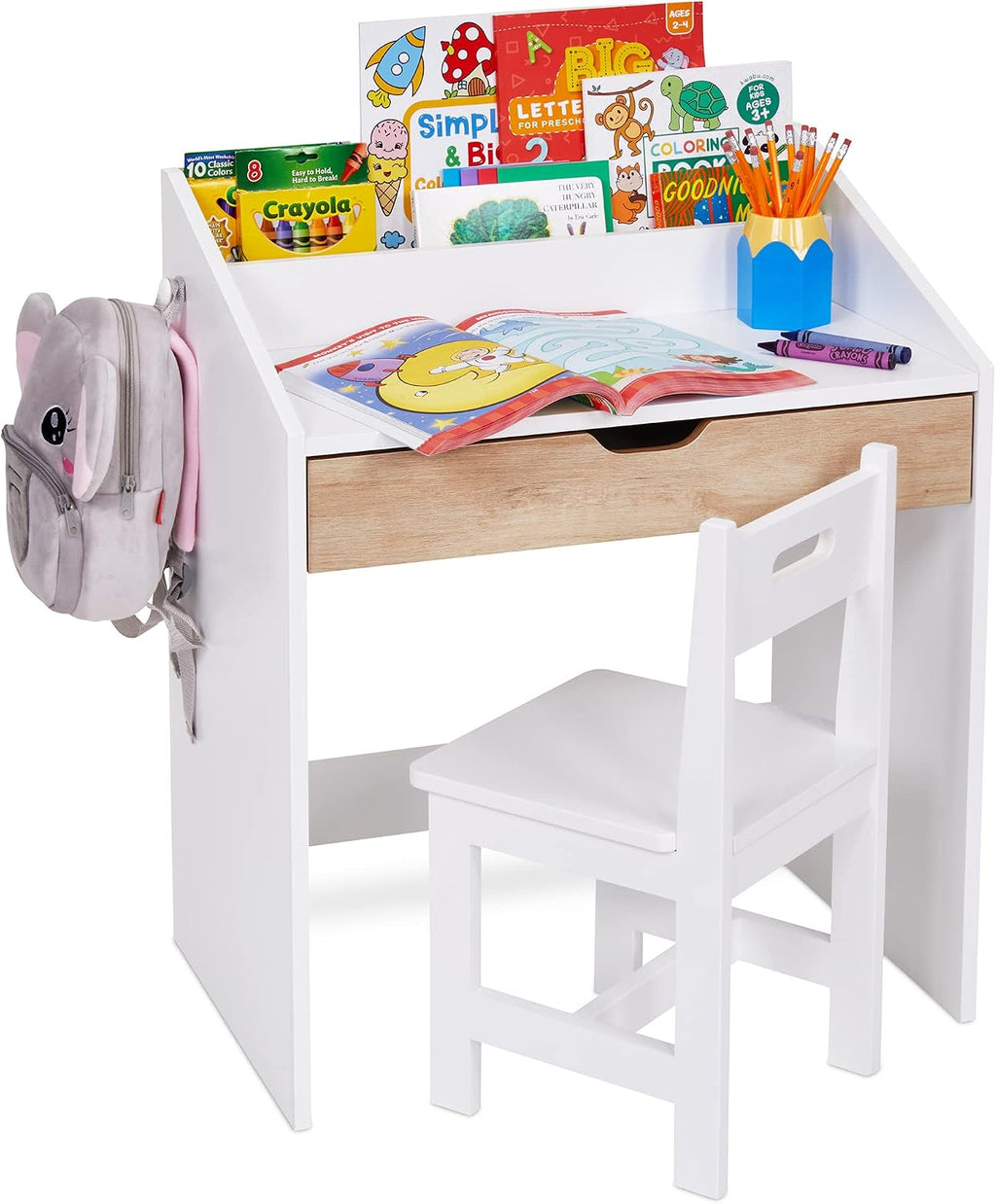 Lil' Jumbl Toddler Wooden Study Desk and Chair Set, Home School Learning Workstation with Writing Table, Storage Drawer, Tabletop Organizer & Hanging Hooks for Children Studying, Reading & Drawing