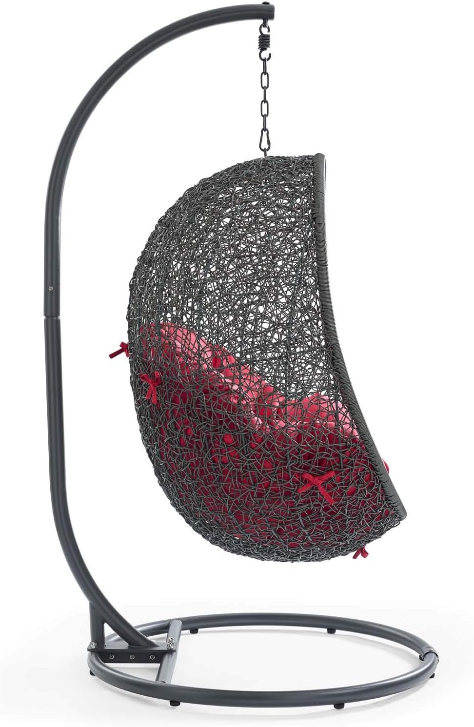 Modway Hide Wicker Rattan Outdoor Patio Porch Lounge Egg Swing Chair Set with Stand in Gray Red