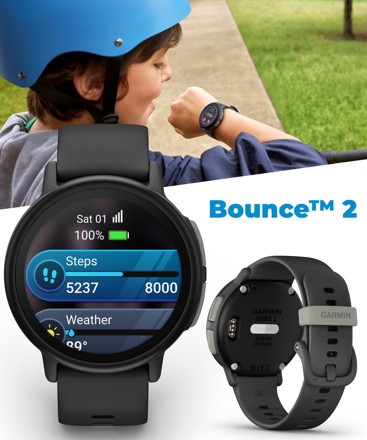 Garmin Bounce 2 Kids Smartwatch with LTE – Two-Way Calling, Text Messaging, Real-Time GPS Tracking, Swim-Friendly AMOLED Display, Music, Slate Gray w/Wearable4U White Earbuds Bundle
