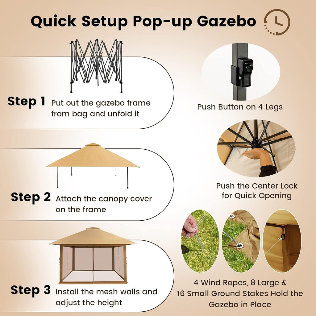 Tangkula 13x13 Ft Pop Up Gazebo with Netting, 2 Tier Patio Gazebo with Center Lock, Mesh Sidewalls, 4 More Ribs, Wheeled Bag, Easy Setup Instant Outdoor Shelter for Garden, Deck, Backyard, UPF50+