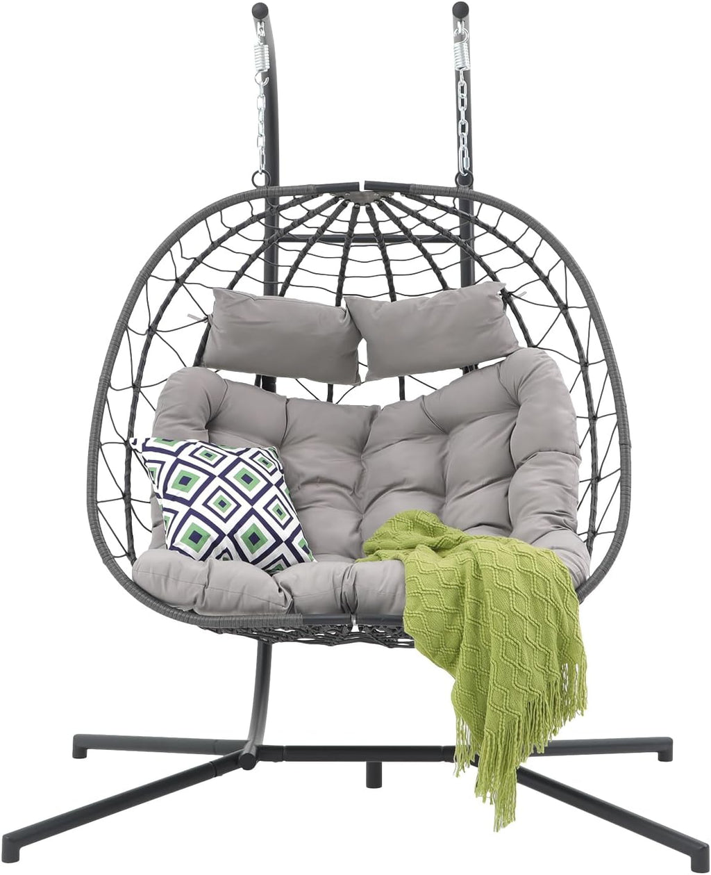 Patiorama 2 Person Double Egg Swing Chair with Stand Indoor Outdoor, Patio Wicker Rattan Hanging Egg Chair w/Cushion, Pillow, Foldable Hammock Chair 550lbs for Bedroom, Balcony, Garden (Light Grey)