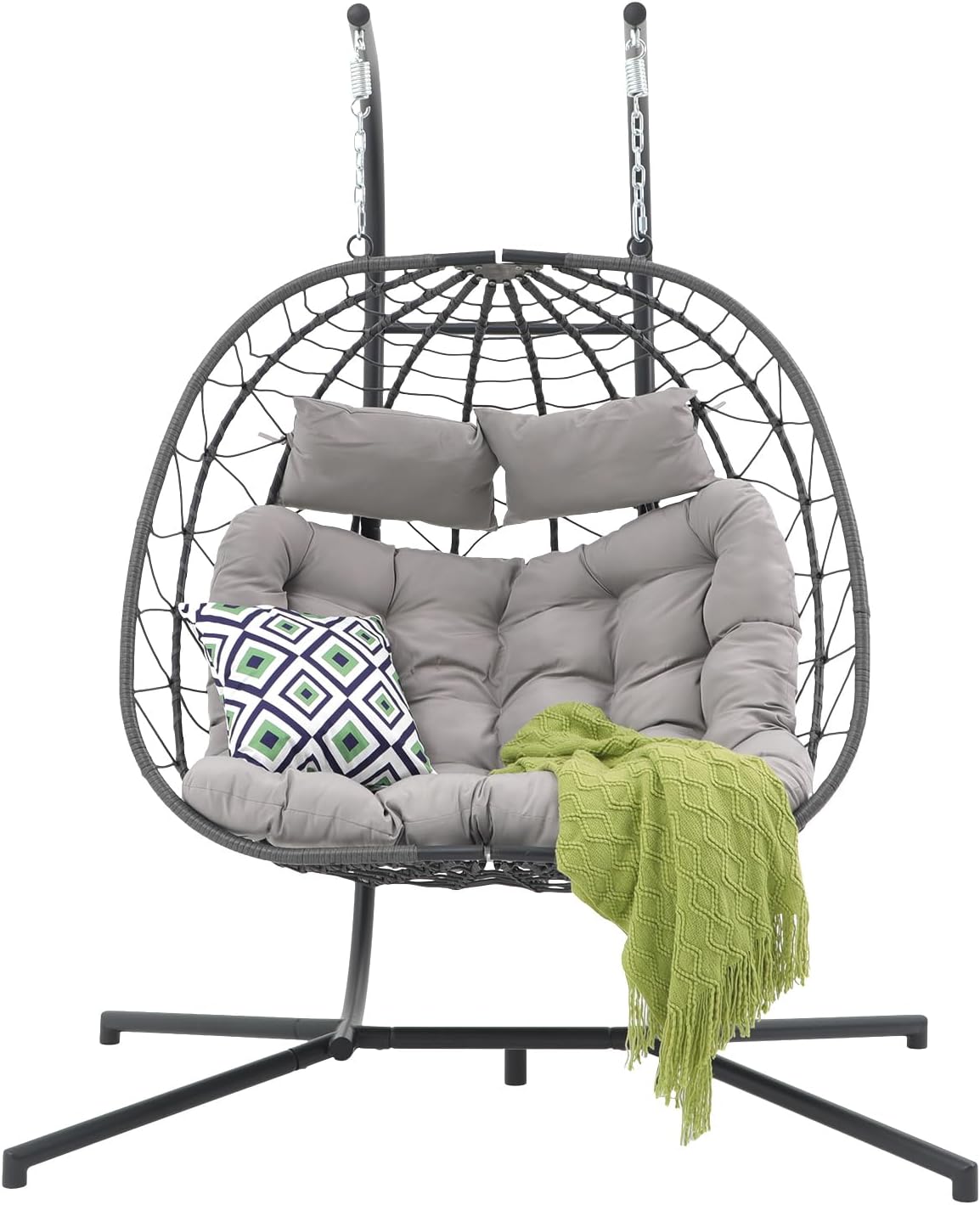 Patiorama 2 Person Double Egg Swing Chair with Stand Indoor Outdoor, Patio Wicker Rattan Hanging Egg Chair w/Cushion, Pillow, Foldable Hammock Chair 550lbs for Bedroom, Balcony, Garden (Light Grey)