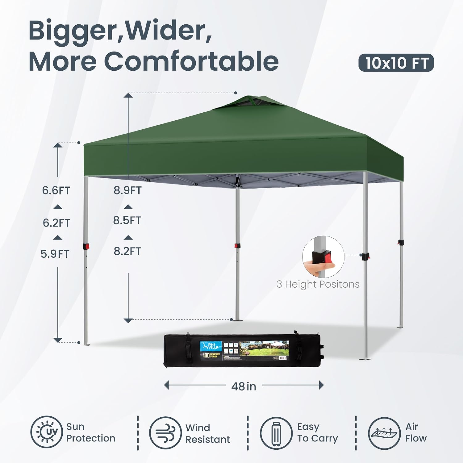 PHI VILLA Pop-up Canopy 10x10 Patio Tent Instant Gazebo Canopy with Wheeled Bag, Portable Lightweight Folding w/Adjustable Height,Green