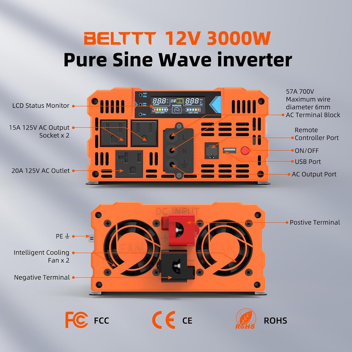 BELTTT 3000W Pure Sine Wave Inverter 12V DC to 120V AC for Solar, Off-Grid, RV, Truck, Home, Power Inverter with Dual AC, 20A Socket, 5V 2.1A USB, Hardwire Port, Remote Controller 23Ft Cable