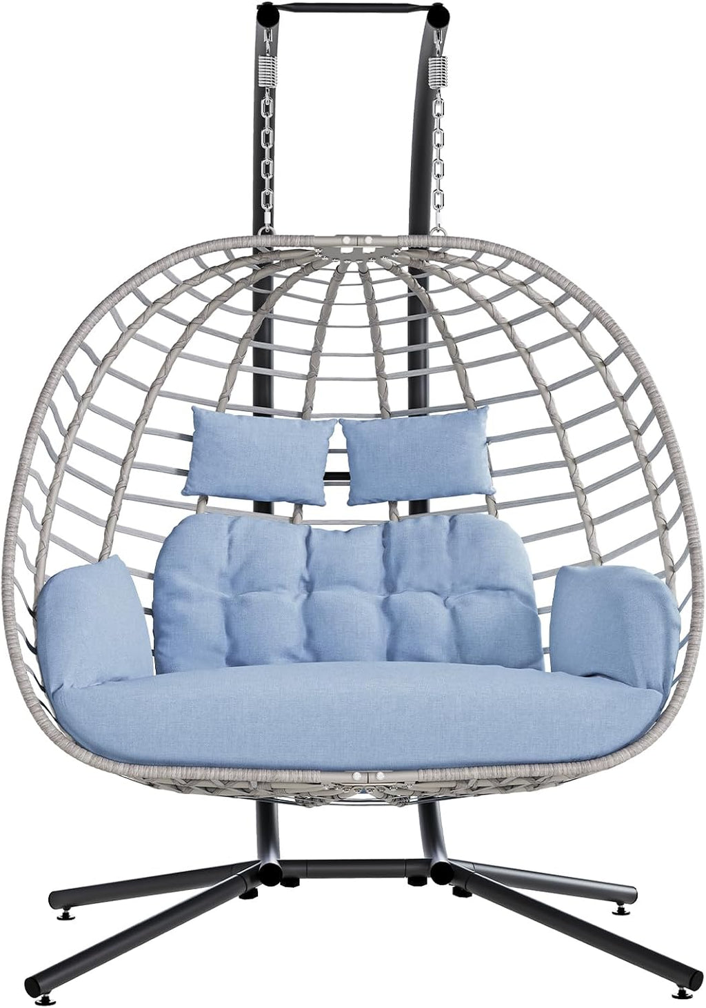 SWITTE Double Egg Swing Chair with Stand, Outdoor Patio 2 Person Hanging Wicker Hammock Chairs with Cushion for Indoor Bedroom, Lawn, Garden-Light Blue