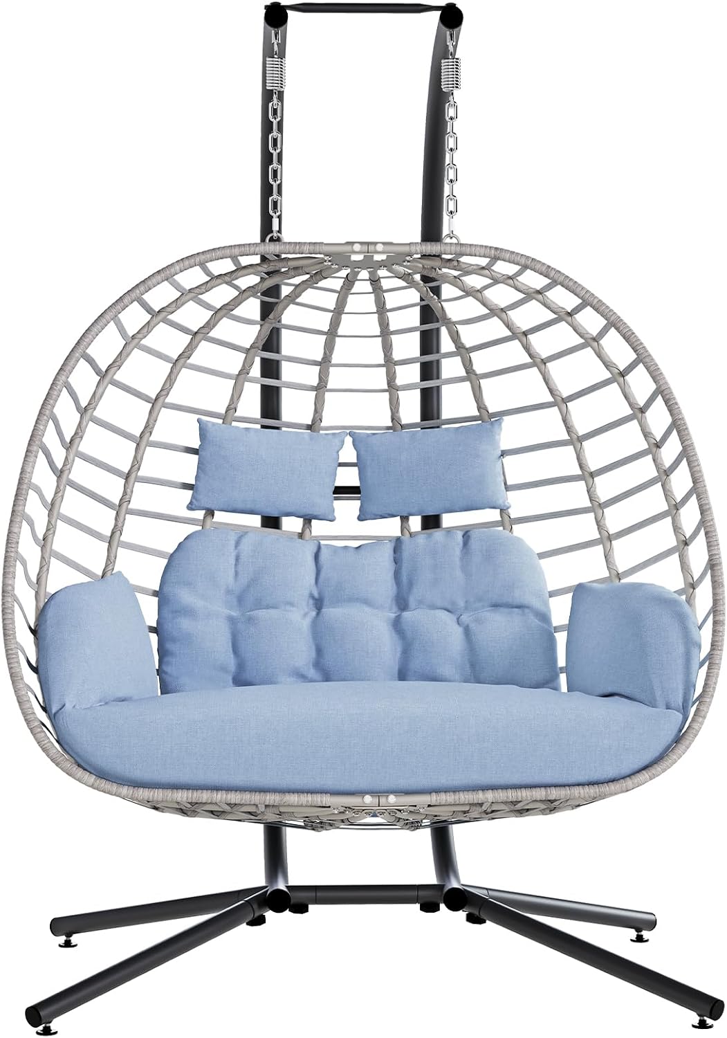 SWITTE Double Egg Swing Chair with Stand, Outdoor Patio 2 Person Hanging Wicker Hammock Chairs with Cushion for Indoor Bedroom, Lawn, Garden-Light Blue