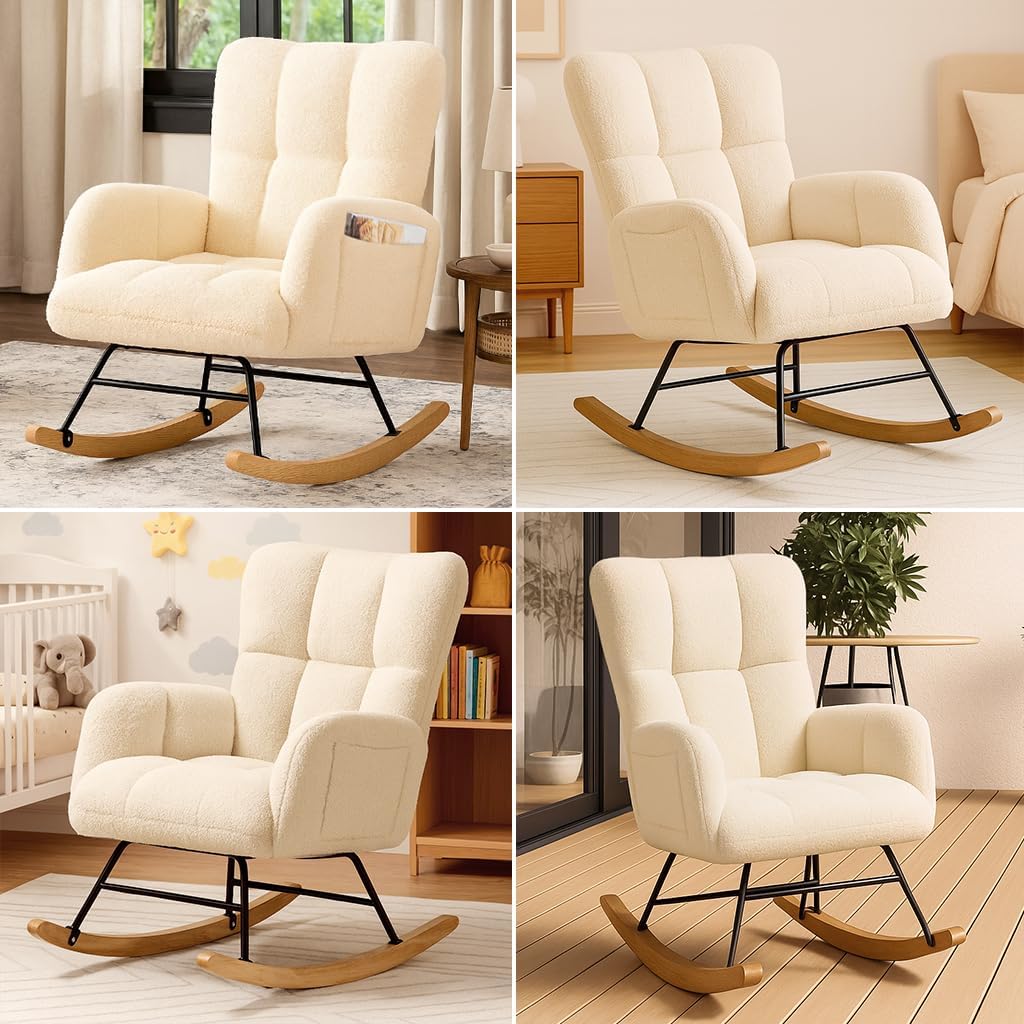 COMHOMA Nursery Rocking Chair, Teddy Upholstered Glider Rocking Chair with Side Pockets, Accent Chair with High Backrest Reading Chair for Adult, Nursery, Bedroom, Living Room,Offices(Beige)