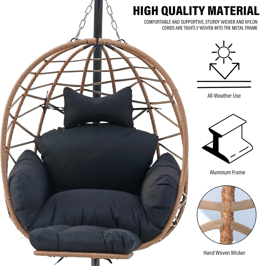 Hanging Egg Chair with Stand & Leg Rest,Rattan Wicker Swing Chair with Cushion,Patio Basket Hanging Chair Wicker Hammock Chair for Indoor Outdoor Bedroom Garden,300LBS (Yellow Rattan&Black Cushion)