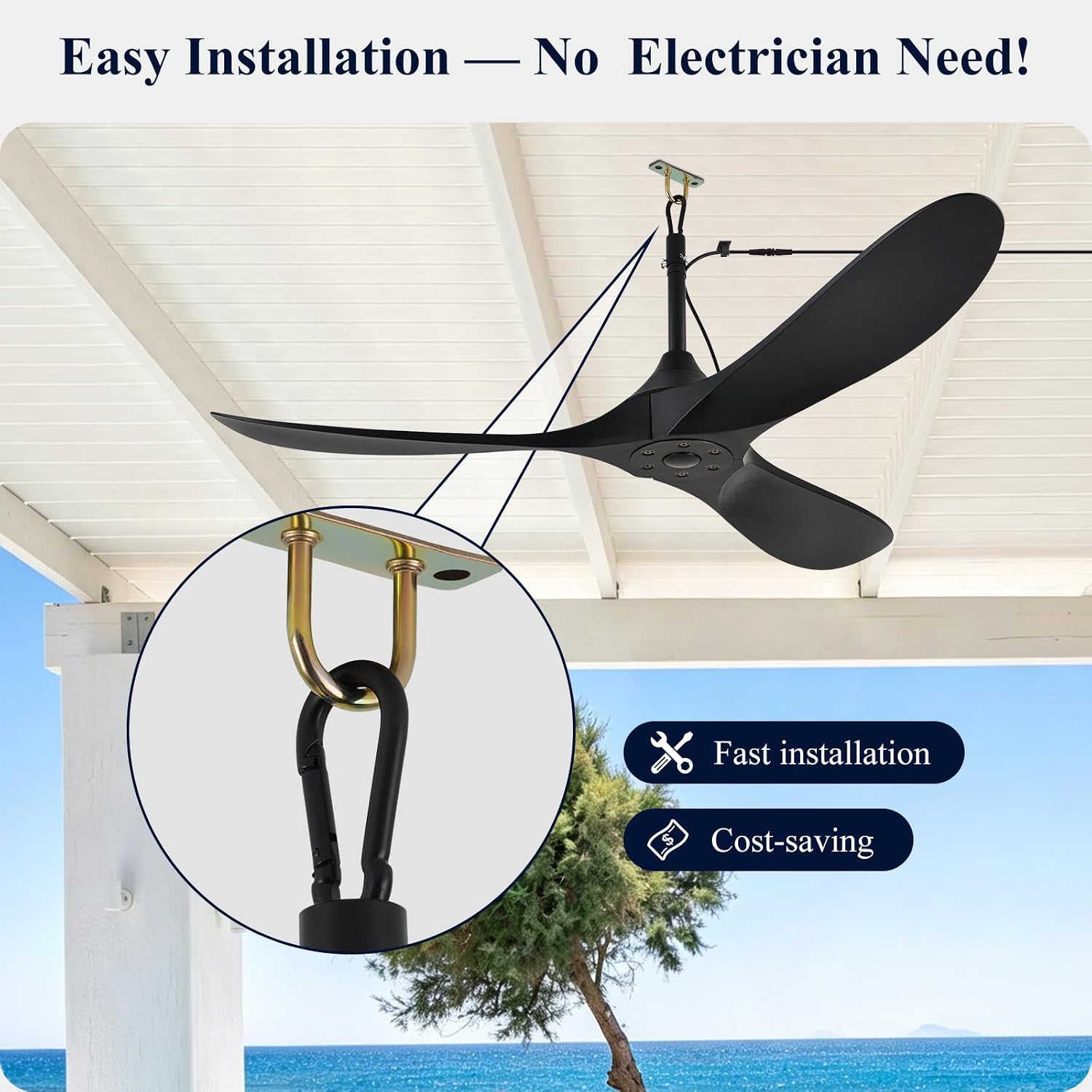 Outdoor Ceiling Fan no Light Waterproof - Plug in Hanging Hook for Patio, Porch, Gazebo - 42 inch Wet Rated Weatherproof Exterior Black 3 Blades Ceiling Fan with Remote