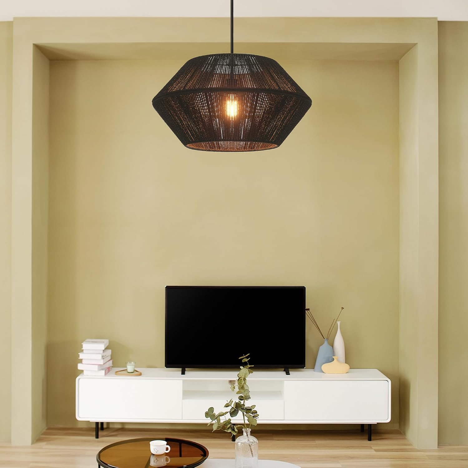 GLOBE Electric 65470 1-Light Chandelier, Matte Black Shade and Canopy, Natural Twine, Cloth Cord, Modern Hanging Lights for Kitchen Island, Bedroom, or Dining Room, Dimmer Switch Compatible