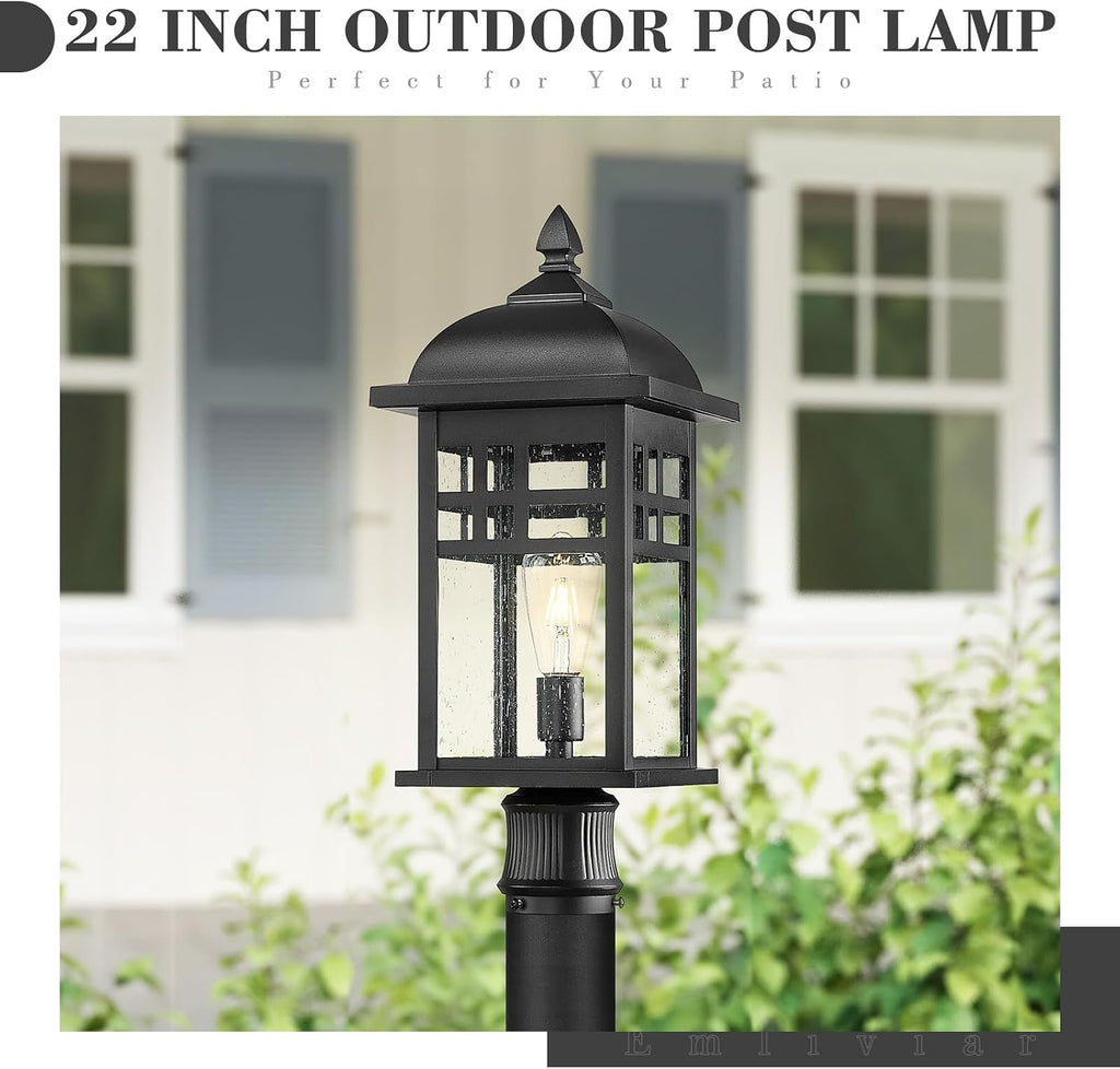 Emliviar 22 Inch Large Outdoor Lamp Post Light, Farmhouse Pole Lights for Outside Patio, Waterproof Aluminum in Black Finish with Seeded Glass, DE279P-M BK